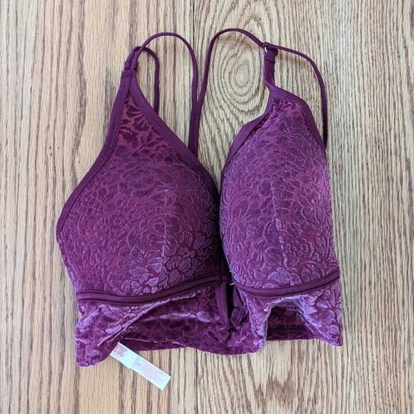 🧡 PINK Victoria's Secret Lightly Lined Bralette Plum Floral Velour - Picture 1 of 4